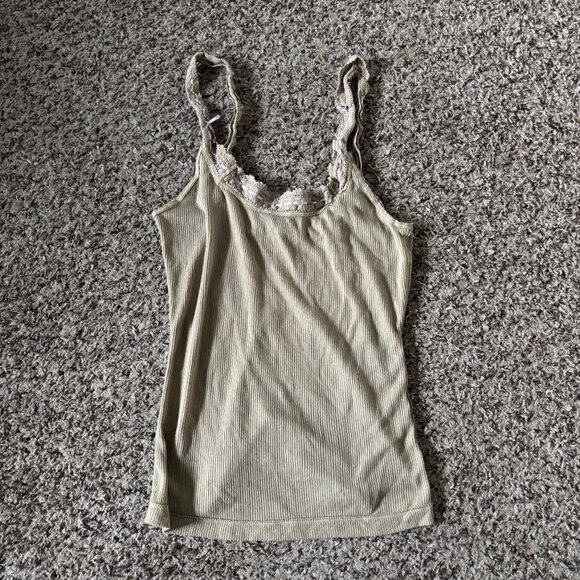 Free People Ribbed Beige/ light green Lace-Trim Tank Top Womens Size M - Picture 1 of 5